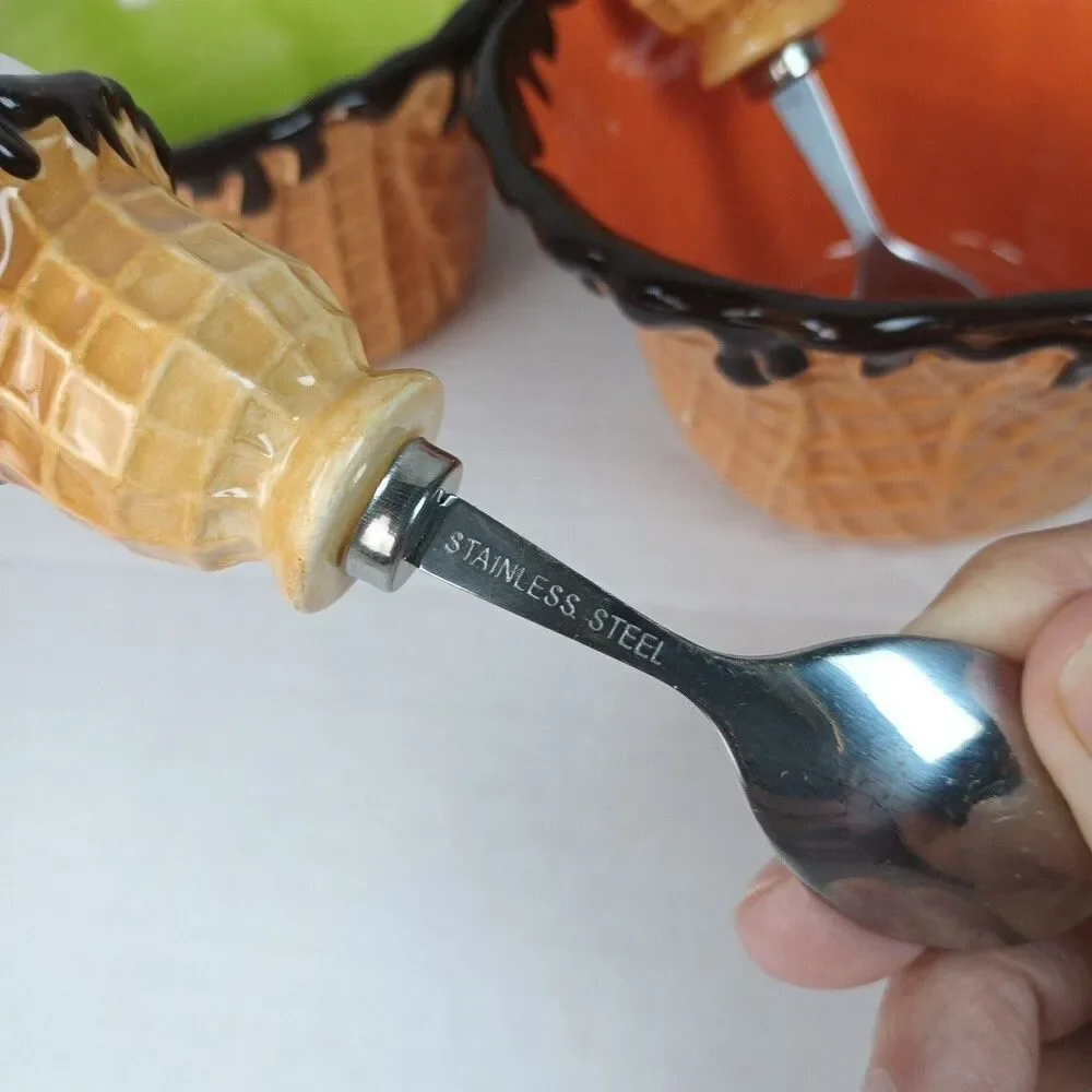 VTG Ice Cream Cone Handle Stainless Steel Spoons And Waffle Cone‎ Bowls Set